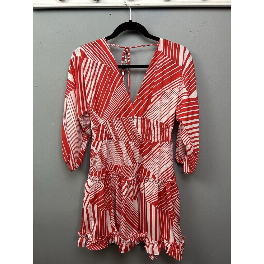 Neiman Marcus Mini Dress Womens Small Ruffle Tiered Red Striped V-Neck Smock NEW